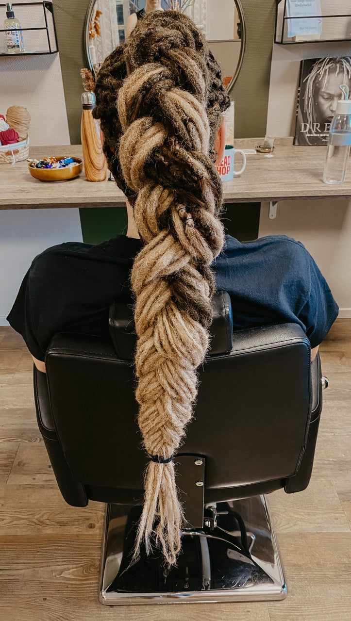 Dreadlock Extensions for a full head. Dreadshop Salon customer. Ombre brown and blonde tones dreadlocks