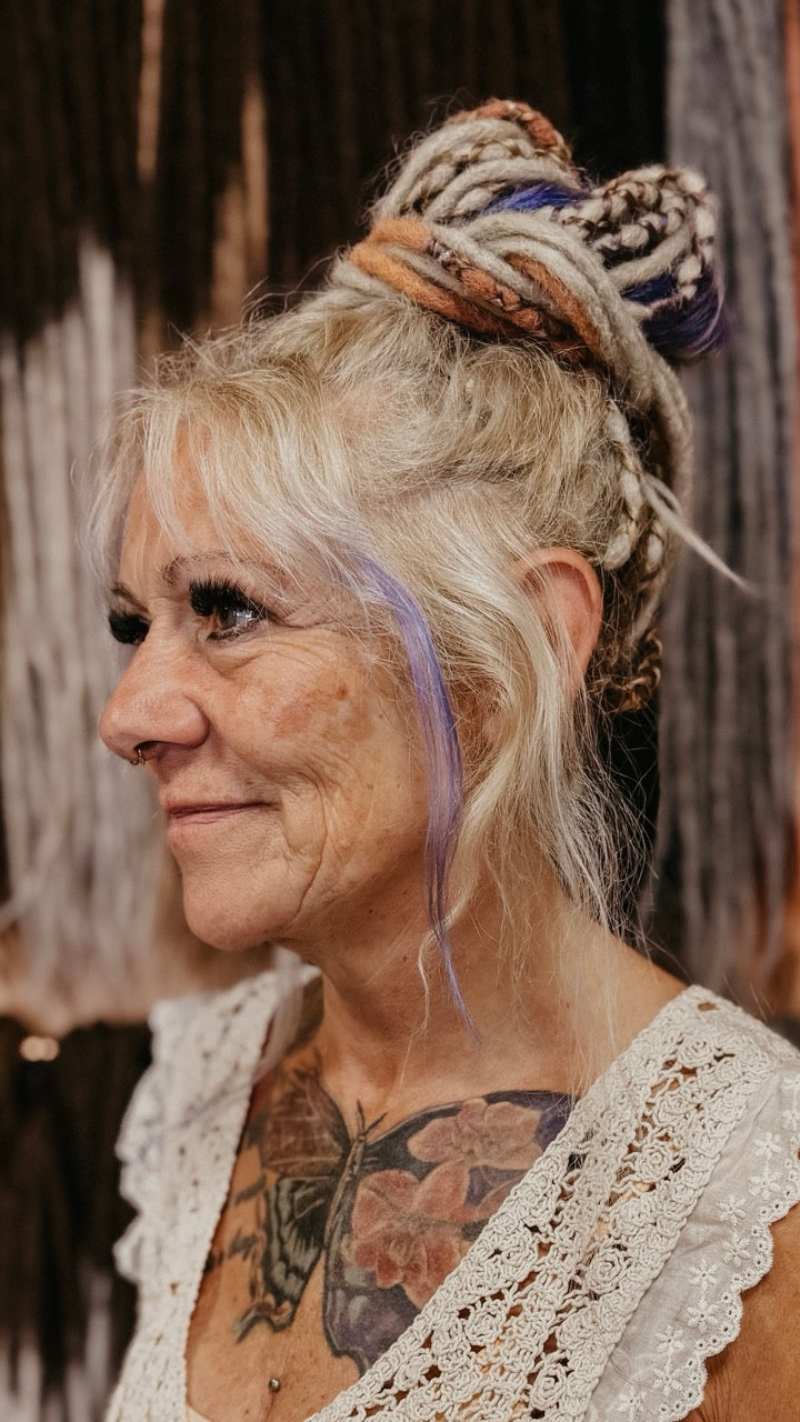Front view of Dreadshop Salon CLient with Partial Dreadlock Extensions Locks of Love installed 