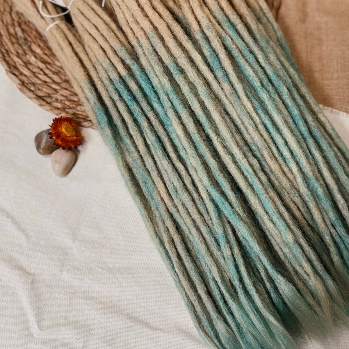 Dreadlock Extensions: ombre color, blonde and blue loose bundles.SaltyDreads Sample from Dreadshop. 