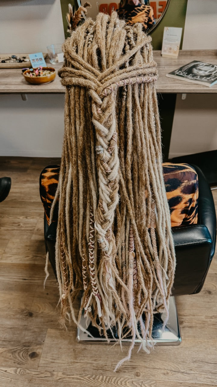 Back view of full head with blonde Dreadlock Extensions, in the Dreadshop Salon