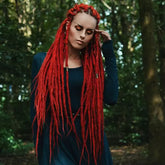 Our model wearing the bright red set red maple  in Bum length, Dreadset Locks of Love Shop the look, dreadset full head, Dreadset original locks of love
