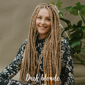 Renate wearing her set of Dark blonde Indication for the color, Thin Locks of Love, Shop the look, plain dreads, loose bundles