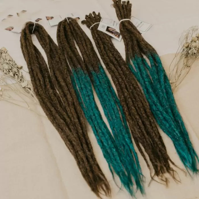 4 bundles of the dreadset natural ocean in Bum length, a mix of dark chocolate and wild ocean, Dreadset Locks of Love Shop the look, dreadset full head, Dreadset original locks of love