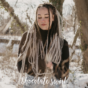 Romy wearing her set of Chocolate swirl Indication for the color, Thin Locks of Love, Shop the look, plain dreads, loose bundles