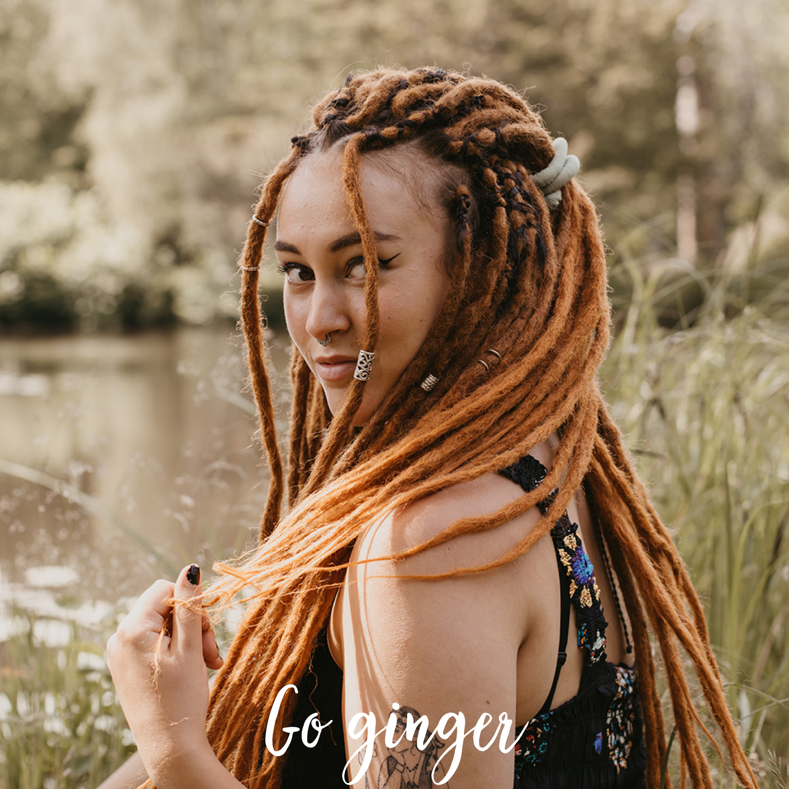 Romy wearing her set of Go ginger Locks of Love, Shop the look, plain dreads, loose bundles